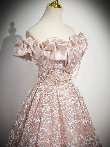 Dusty Rose Lace Satin A-Line Off-the-Shoulder Lace-Up Floor-Length Dress - Aabei Dress