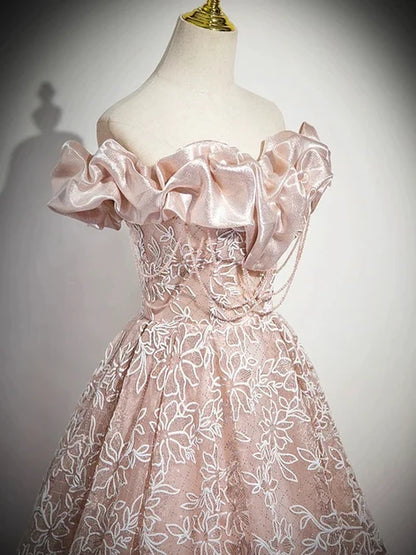 Dusty Rose Lace Satin A-Line Off-the-Shoulder Lace-Up Floor-Length Dress - Aabei Dress