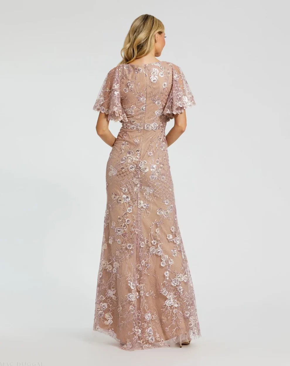 Dusty Rose Mesh with Sequin Embroidery Sheath-Column V-neck Floor-Length Dress Back View - Aabei Dress