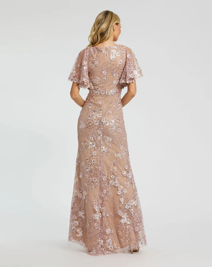 Dusty Rose Mesh with Sequin Embroidery Sheath-Column V-neck Floor-Length Dress Back View - Aabei Dress