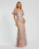 Dusty Rose Mesh with Sequin Embroidery Sheath-Column V-neck Floor-Length Dress Front View - Aabei Dress