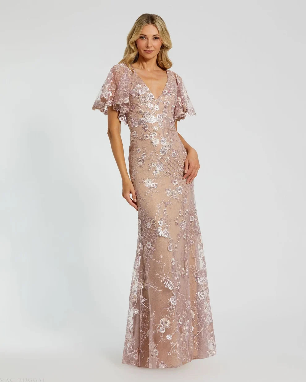 Dusty Rose Mesh with Sequin Embroidery Sheath-Column V-neck Floor-Length Dress Front View - Aabei Dress