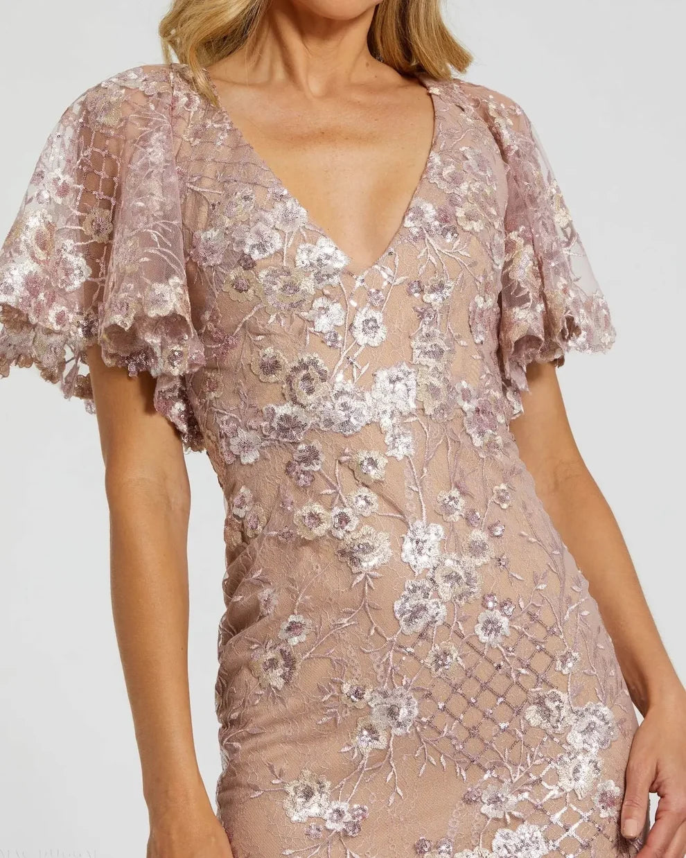 Dusty Rose Mesh with Sequin Embroidery Sheath-Column V-neck Floor-Length Dress - Aabei Dress