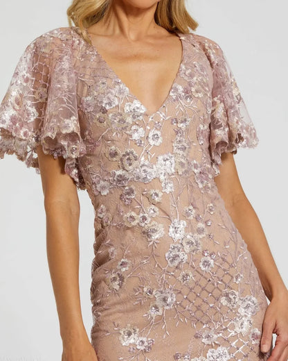 Dusty Rose Mesh with Sequin Embroidery Sheath-Column V-neck Floor-Length Dress - Aabei Dress