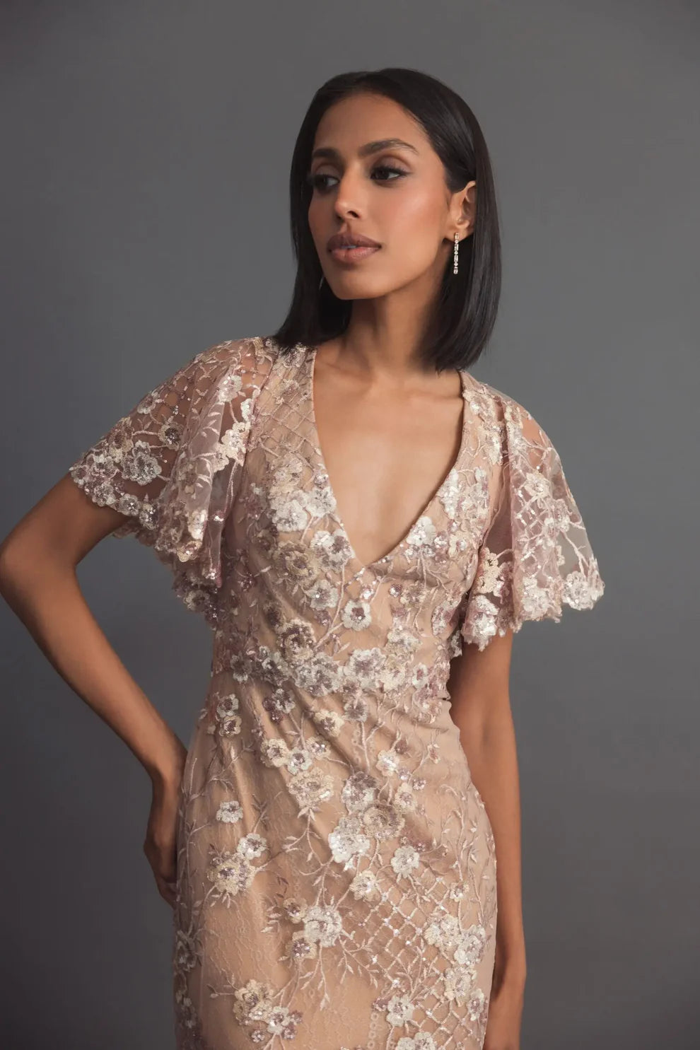 Dusty Rose Mesh with Sequin Embroidery Sheath-Column V-neck Floor-Length Dress - Aabei Dress