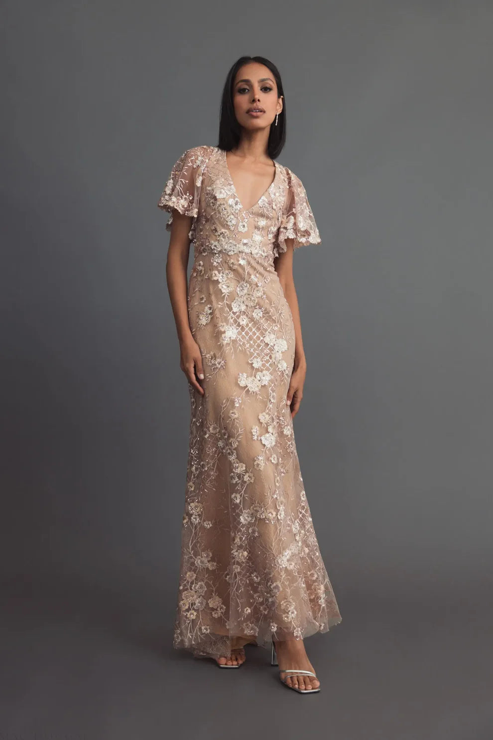 Dusty Rose Mesh with Sequin Embroidery Sheath-Column V-neck Floor-Length Dress - Aabei Dress