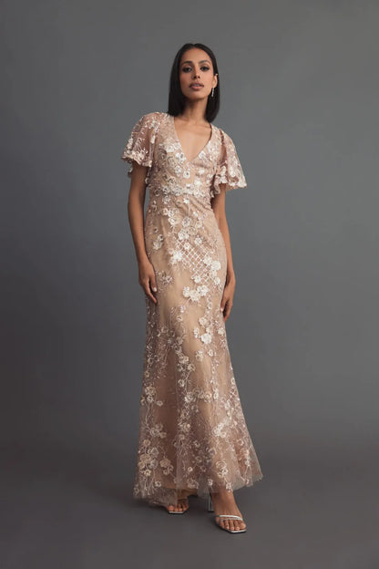 Dusty Rose Mesh with Sequin Embroidery Sheath-Column V-neck Floor-Length Dress - Aabei Dress