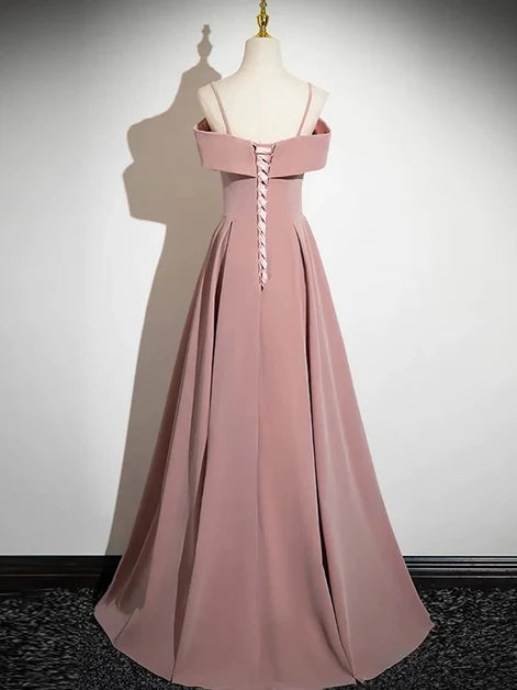 Dusty Rose Satin A-Line Off-the-Shoulder Lace-Up Back Floor-Length Dress Back View - Aabei Dress