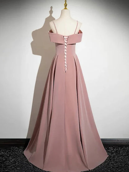 Dusty Rose Satin A-Line Off-the-Shoulder Lace-Up Back Floor-Length Dress Back View - Aabei Dress