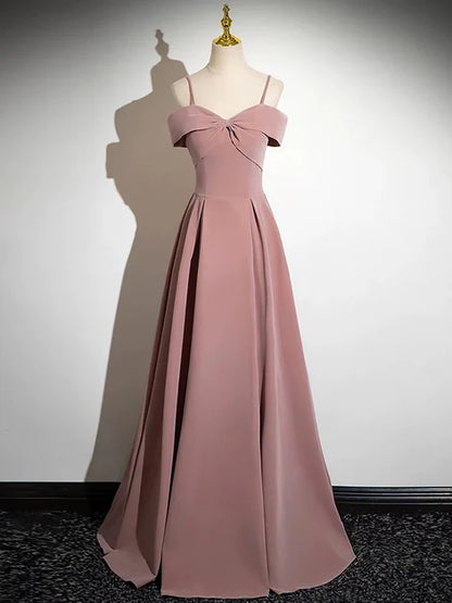 Dusty Rose Satin A-Line Off-the-Shoulder Lace-Up Back Floor-Length Dress Front View - Aabei Dress