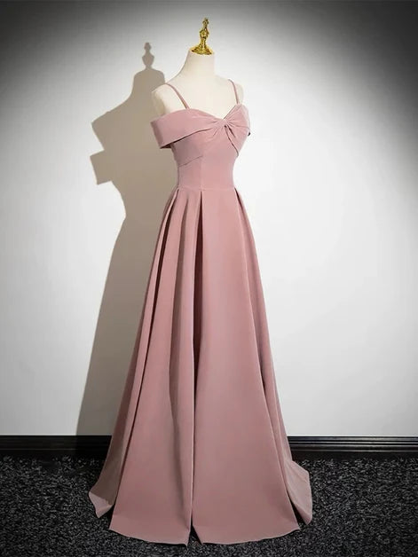 Dusty Rose Satin A-Line Off-the-Shoulder Lace-Up Back Floor-Length Dress - Aabei Dress