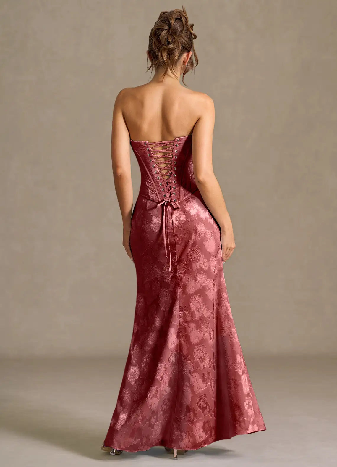 Dusty Rose Satin Sheath Column Sweetheart Lace Up Back Floor-Length Dress Back View - Aabei Dress