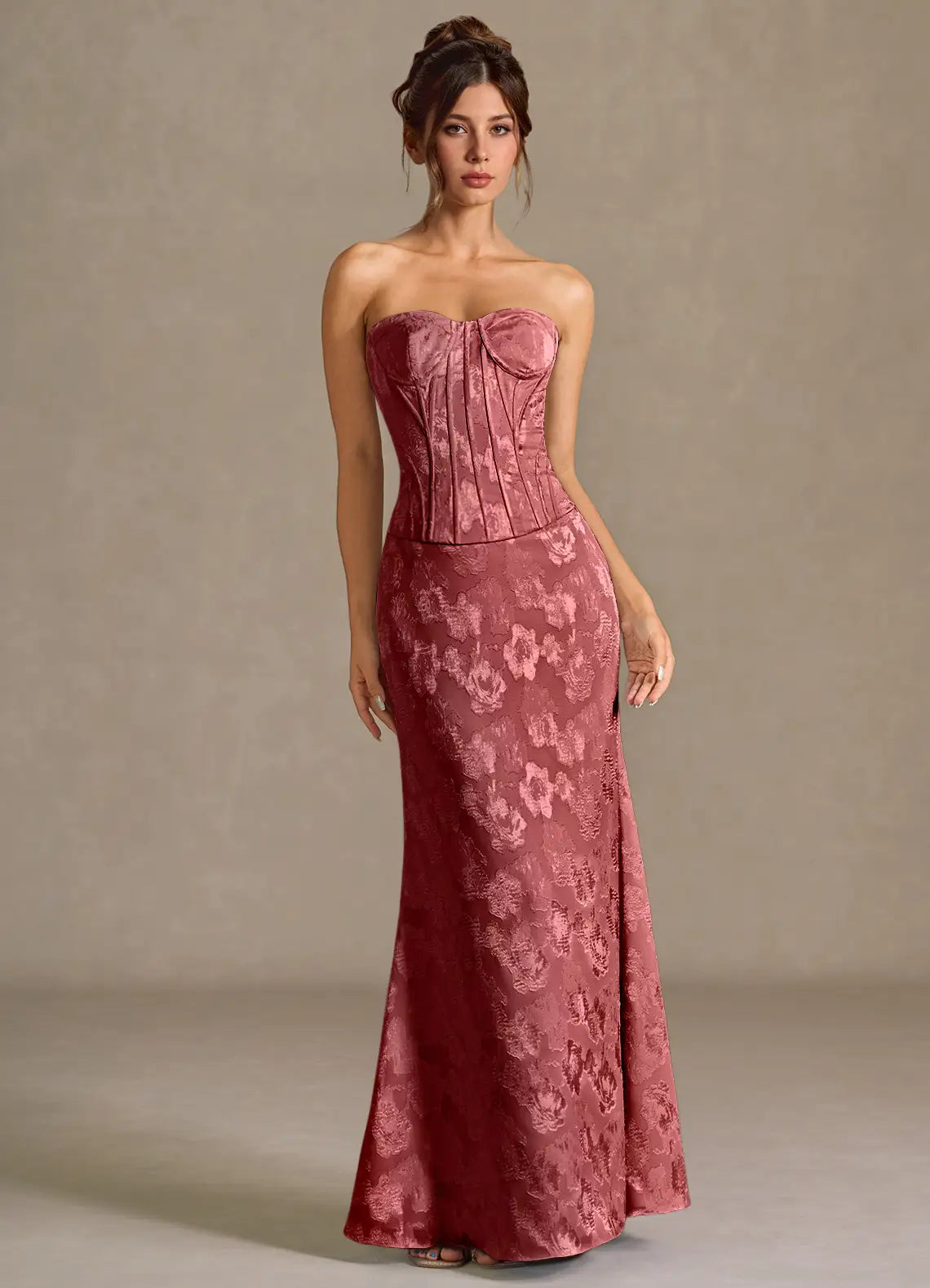 Dusty Rose Satin Sheath Column Sweetheart Lace Up Back Floor-Length Dress Front View - Aabei Dress