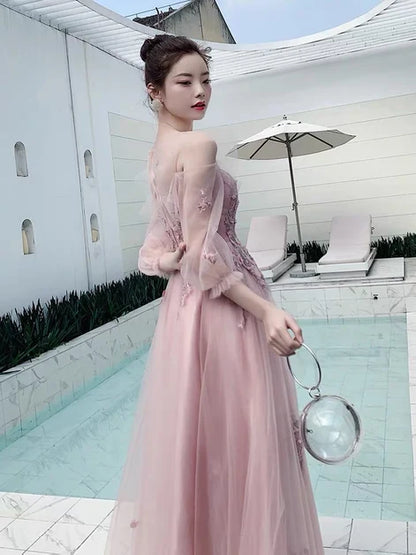 Dusty Rose Tulle a-line illusion-neck illusion-back floor-length Dress Back View - Aabei Dress