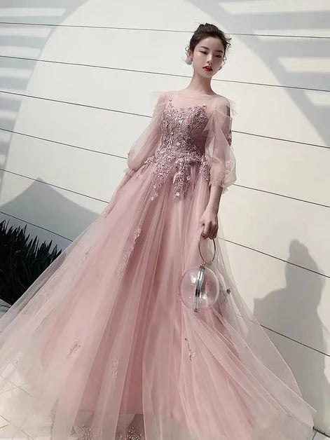 Dusty Rose Tulle a-line illusion-neck illusion-back floor-length Dress Front View - Aabei Dress