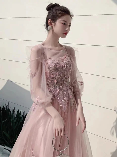 Dusty Rose Tulle a-line illusion-neck illusion-back floor-length Dress - Aabei Dress