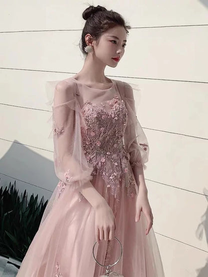 Dusty Rose Tulle a-line illusion-neck illusion-back floor-length Dress - Aabei Dress