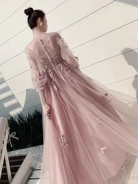 Dusty Rose Tulle a-line illusion-neck illusion-back floor-length Dress - Aabei Dress