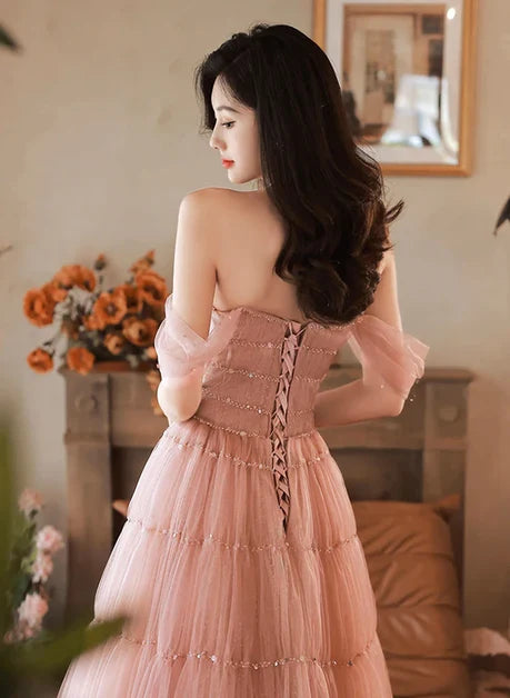 Dusty Rose Tulle A-Line Off The Shoulder Lace Up Back Floor Length Dress Back View - Aabei Dress
