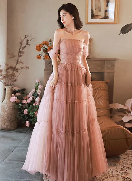 Dusty Rose Tulle A-Line Off The Shoulder Lace Up Back Floor Length Dress Front View - Aabei Dress