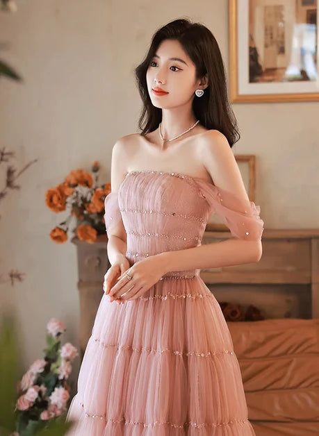 Dusty Rose Tulle A-Line Off The Shoulder Lace Up Back Floor Length Dress - Aabei Dress