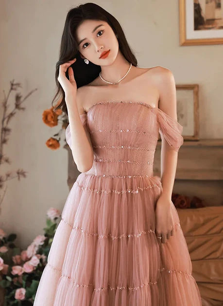 Dusty Rose Tulle A-Line Off The Shoulder Lace Up Back Floor Length Dress - Aabei Dress