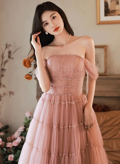 Dusty Rose Tulle A-Line Off The Shoulder Lace Up Back Floor Length Dress - Aabei Dress