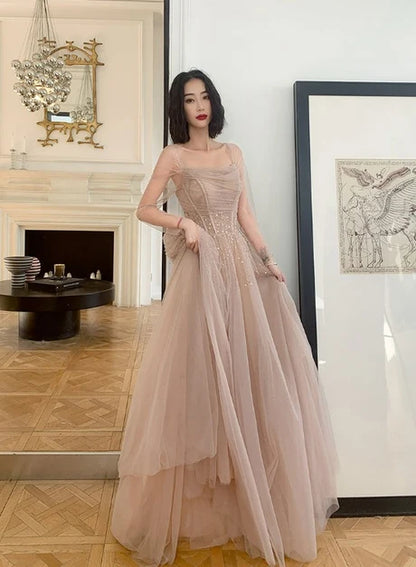Dusty Rose Tulle A-Line Off-the-Shoulder Lace-up Floor-Length Dress Front View - Aabei Dress