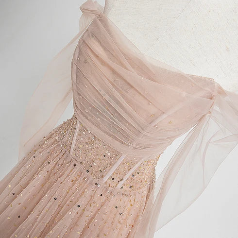 Dusty Rose Tulle A-Line Off-the-Shoulder Lace-up Floor-Length Dress - Aabei Dress