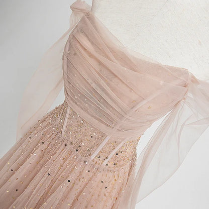 Dusty Rose Tulle A-Line Off-the-Shoulder Lace-up Floor-Length Dress - Aabei Dress