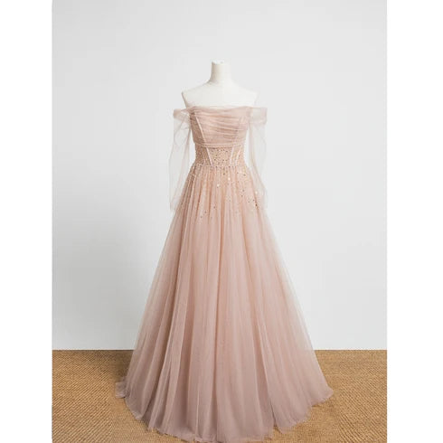 Dusty Rose Tulle A-Line Off-the-Shoulder Lace-up Floor-Length Dress - Aabei Dress