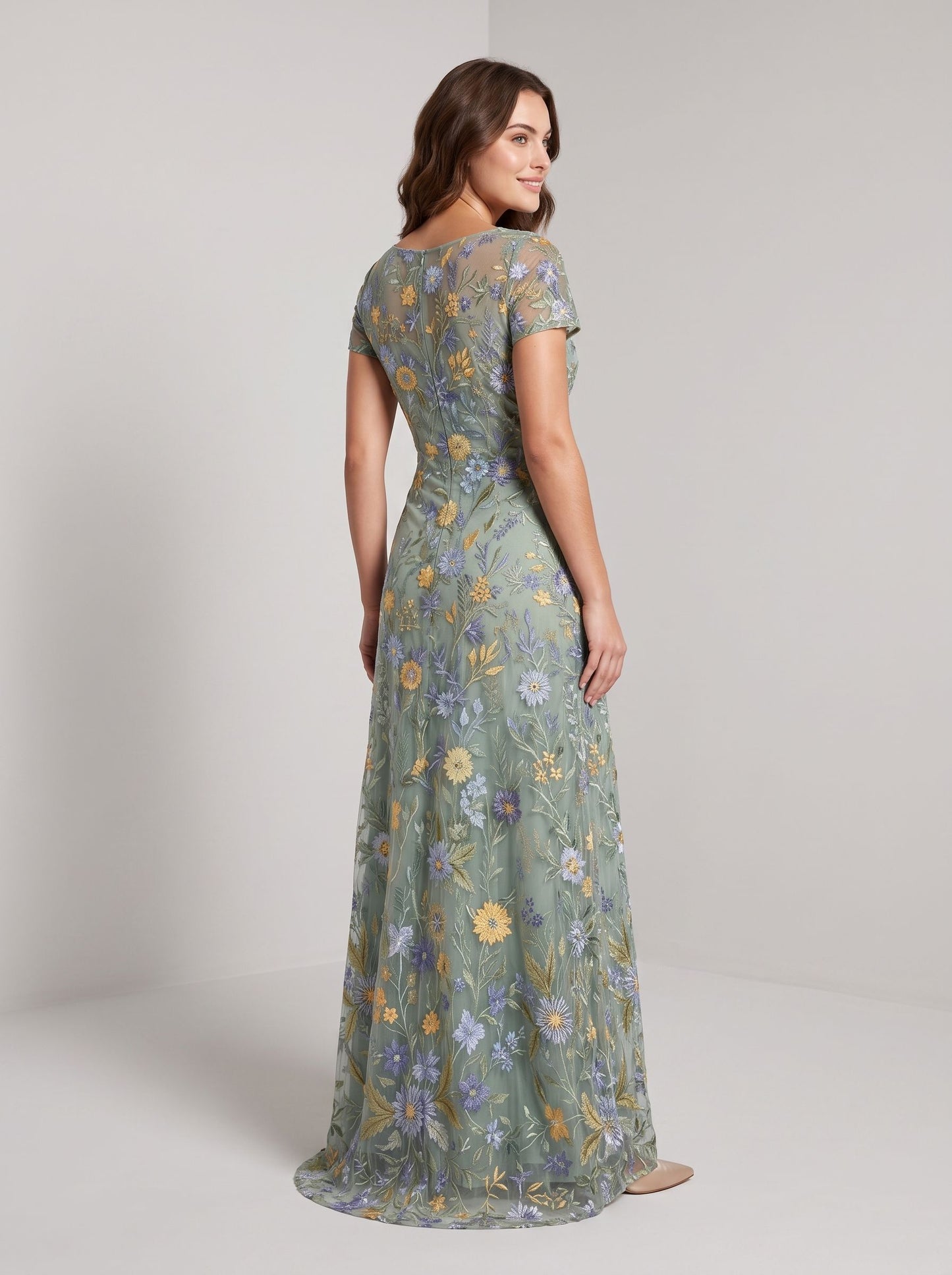 Dusty Sage Embroidered Tulle A-Line Boat Neck Zipper Back Floor Length Dress Back View - Aabei Dress