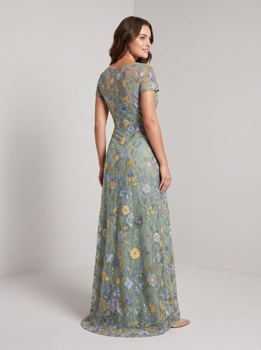 Dusty Sage Embroidered Tulle A-Line Boat Neck Zipper Back Floor Length Dress Back View - Aabei Dress