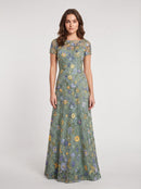 Dusty Sage Embroidered Tulle A-Line Boat Neck Zipper Back Floor Length Dress Front View - Aabei Dress