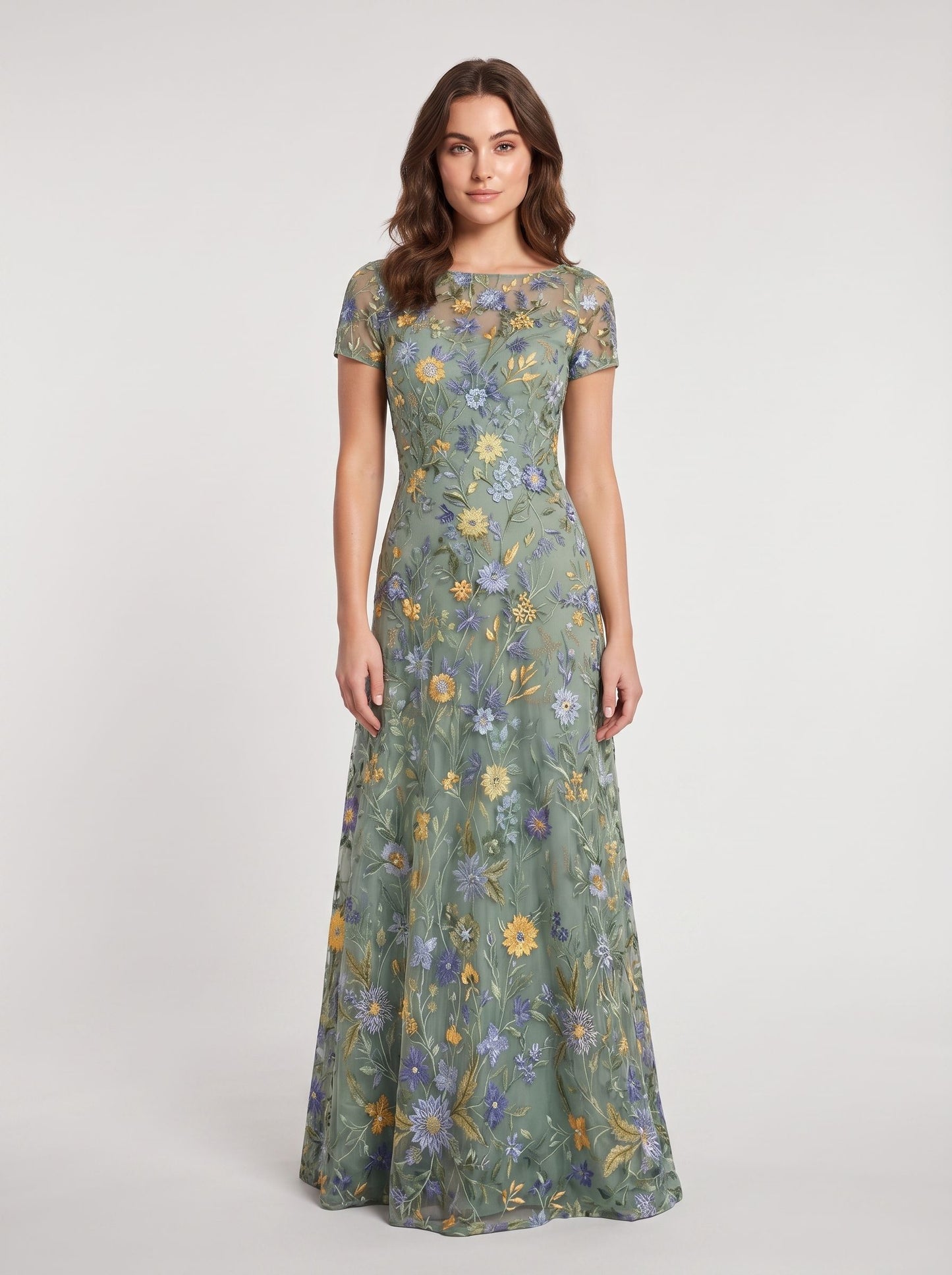 Dusty Sage Embroidered Tulle A-Line Boat Neck Zipper Back Floor Length Dress Front View - Aabei Dress