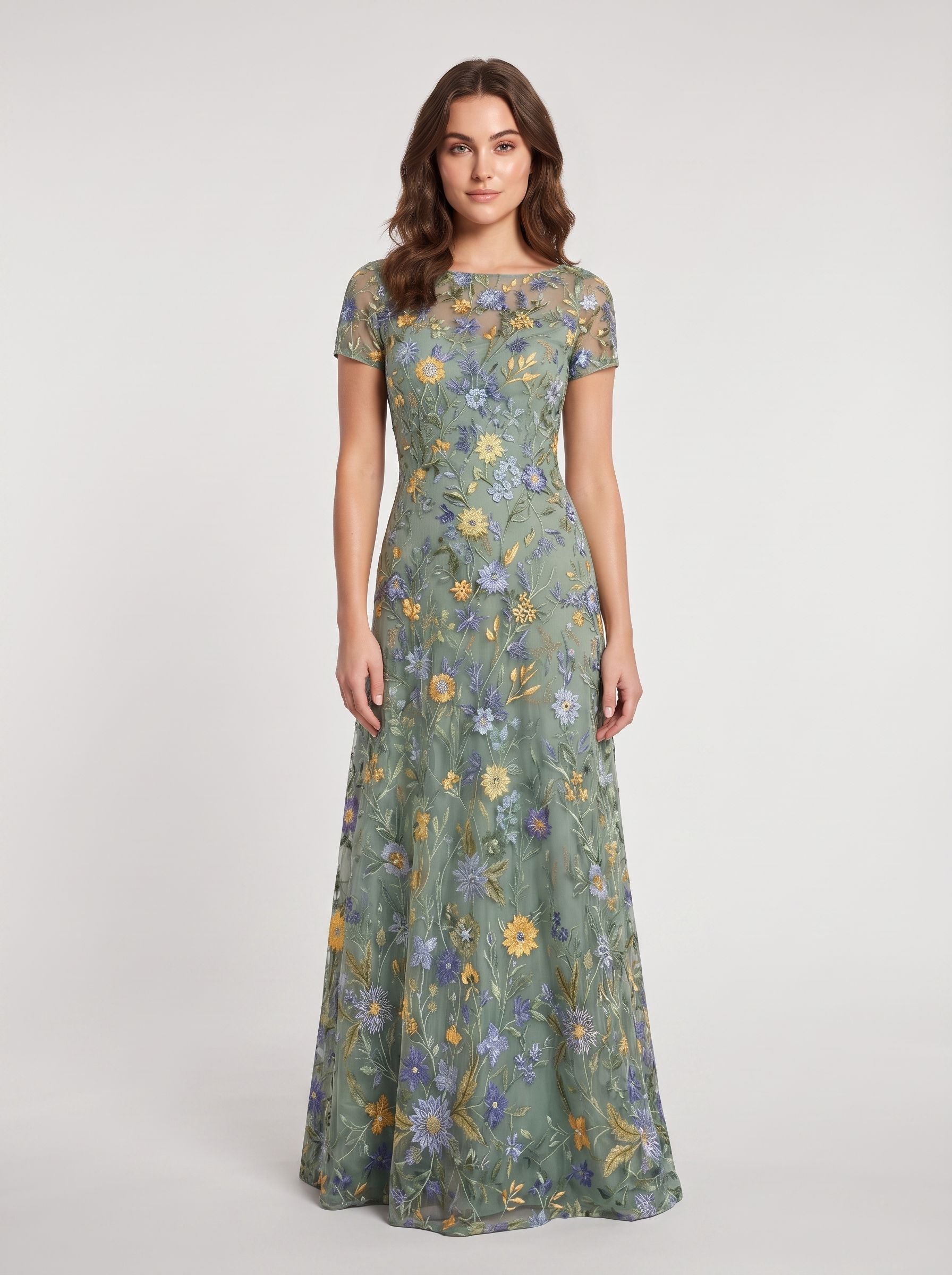 Dusty Sage Embroidered Tulle A-Line Boat Neck Zipper Back Floor Length Dress Front View - Aabei Dress