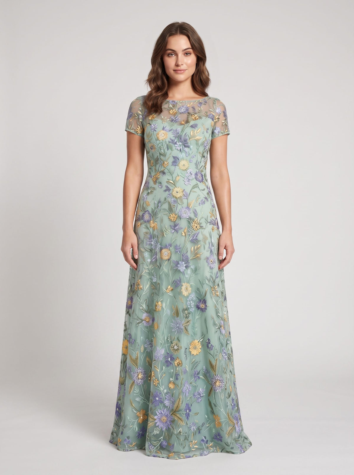 Dusty Sage Embroidered Tulle A-Line Boat Neck Zipper Back Floor Length Dress - Aabei Dress