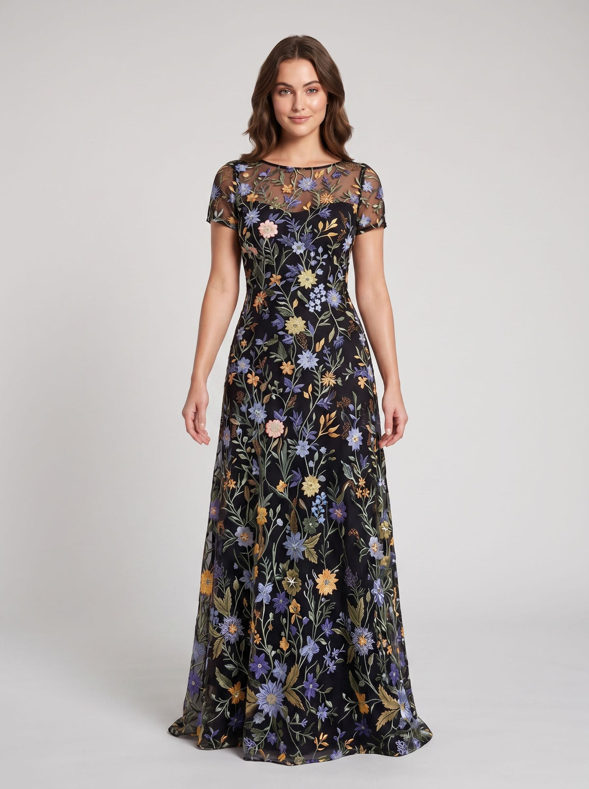 Dusty Sage Embroidered Tulle A-Line Boat Neck Zipper Back Floor Length Dress - Aabei Dress