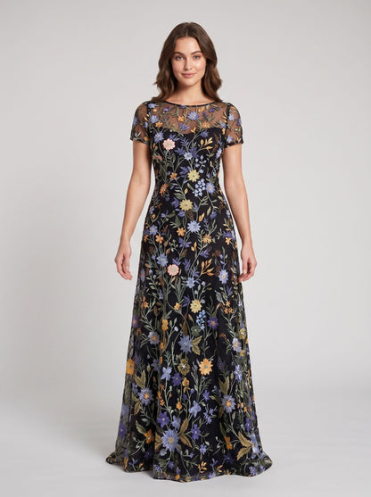 Dusty Sage Embroidered Tulle A-Line Boat Neck Zipper Back Floor Length Dress - Aabei Dress