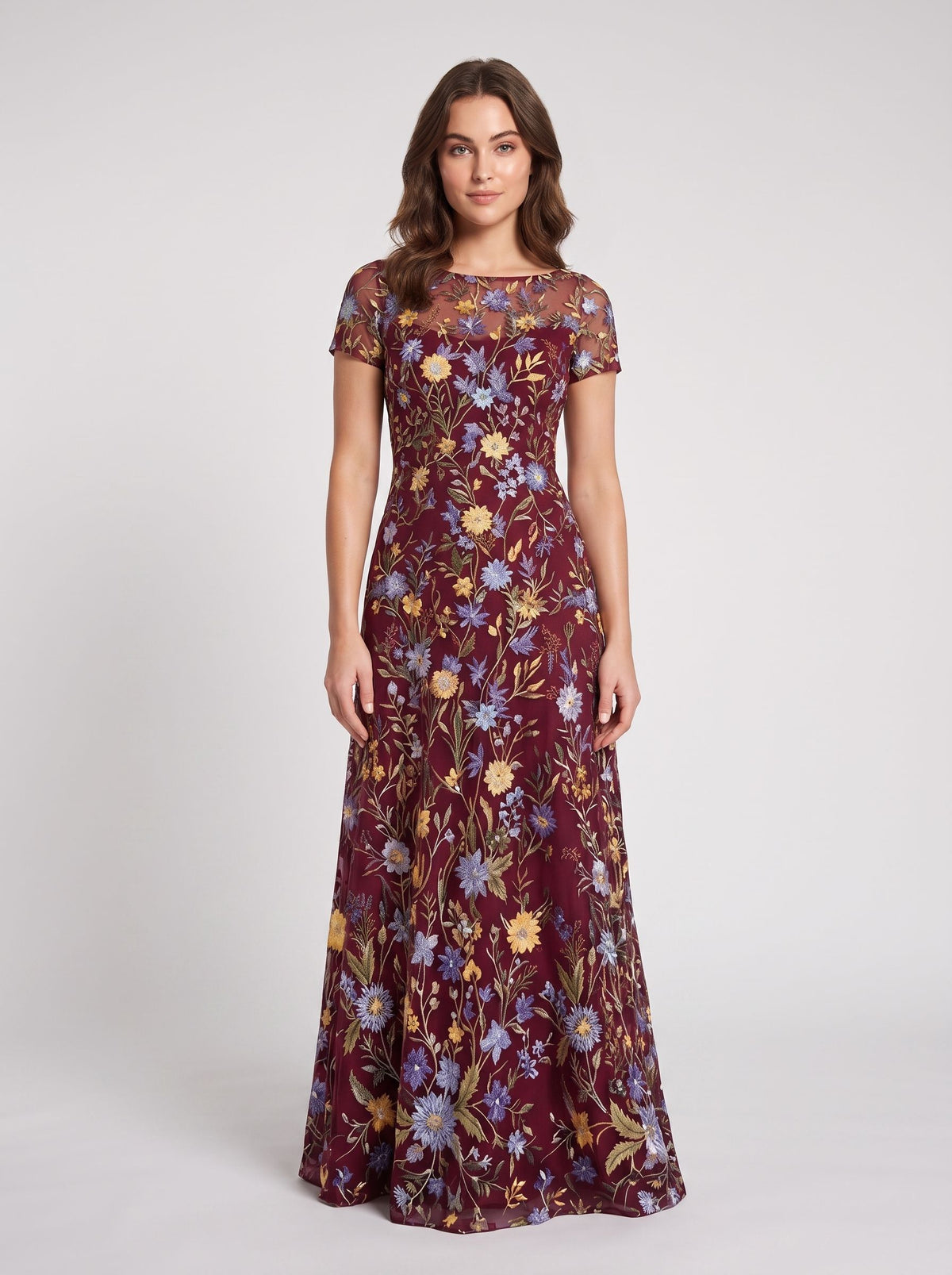 Dusty Sage Embroidered Tulle A-Line Boat Neck Zipper Back Floor Length Dress - Aabei Dress