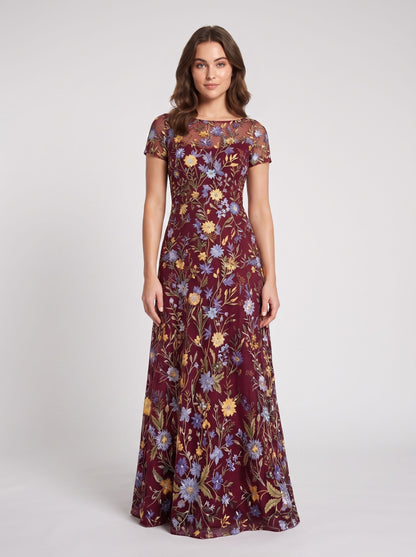 Dusty Sage Embroidered Tulle A-Line Boat Neck Zipper Back Floor Length Dress - Aabei Dress