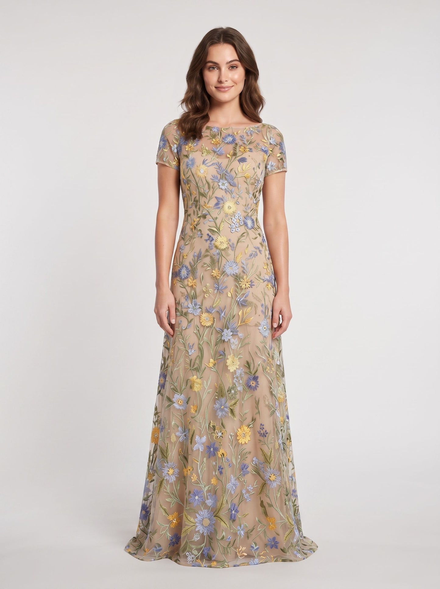 Dusty Sage Embroidered Tulle A-Line Boat Neck Zipper Back Floor Length Dress - Aabei Dress