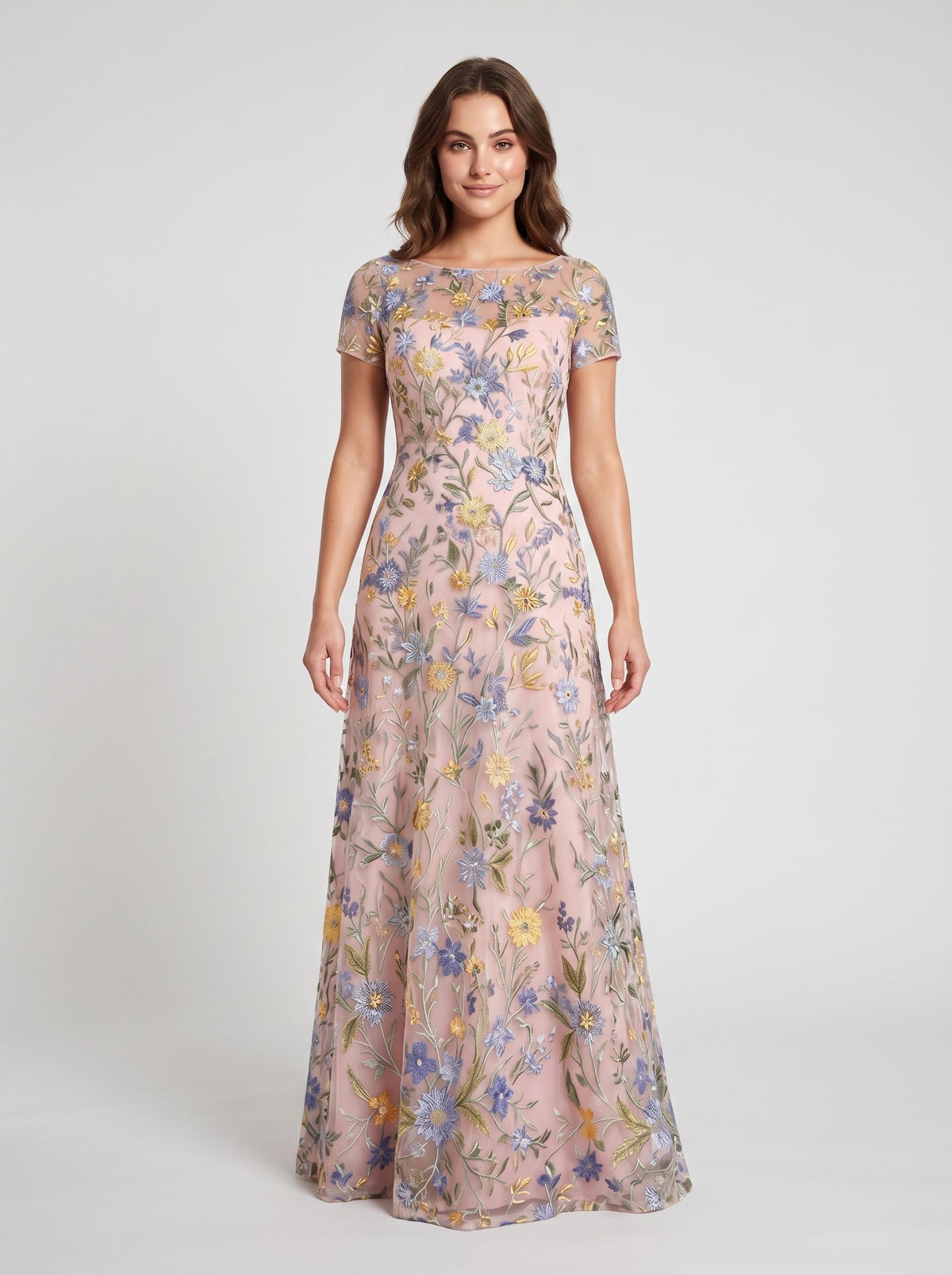 Dusty Sage Embroidered Tulle A-Line Boat Neck Zipper Back Floor Length Dress - Aabei Dress