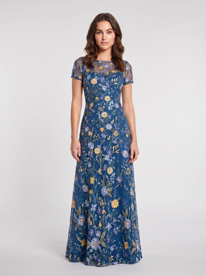 Dusty Sage Embroidered Tulle A-Line Boat Neck Zipper Back Floor Length Dress - Aabei Dress