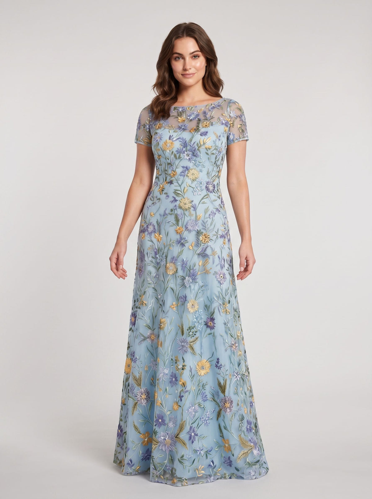 Dusty Sage Embroidered Tulle A-Line Boat Neck Zipper Back Floor Length Dress - Aabei Dress