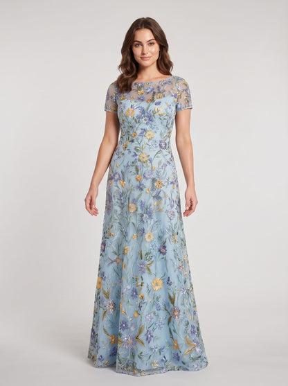 Dusty Sage Embroidered Tulle A-Line Boat Neck Zipper Back Floor Length Dress - Aabei Dress