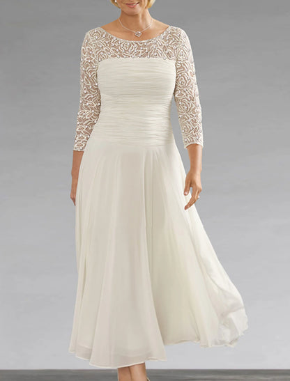 A-Line Mother of the Bride Dress Fall Wedding Guest Elegant Jewel Neck Ankle Length Chiffon Lace 3/4 Length Sleeve with Sequin
