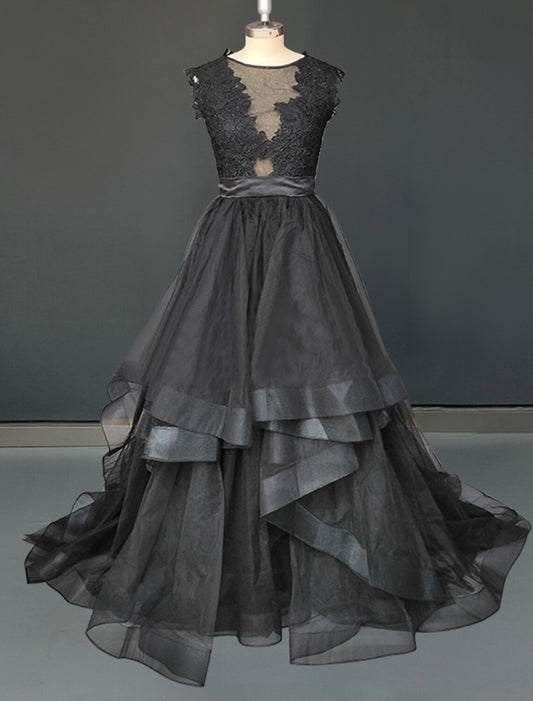 Black Evening Dresses Formal Fall A-Line Illusion Neck Sleeveless Sweep / Brush Train Tulle Gothic Halloween Engagement Bridal Gowns With Appliques Cascading Ruffles