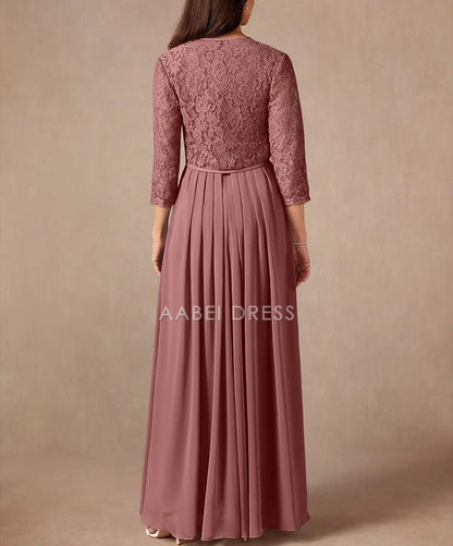 AABEI DRESS Wedding Guest Dress Two Piece A-Line Sweet Crew Neck 3/4 Length Sleeve Floor Length Lace Beading Ruffles Elegant Mother of the Bride Dress