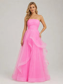 Pink Tulle A-Line Straight-Across Lace-Up Back Floor-Length Dress